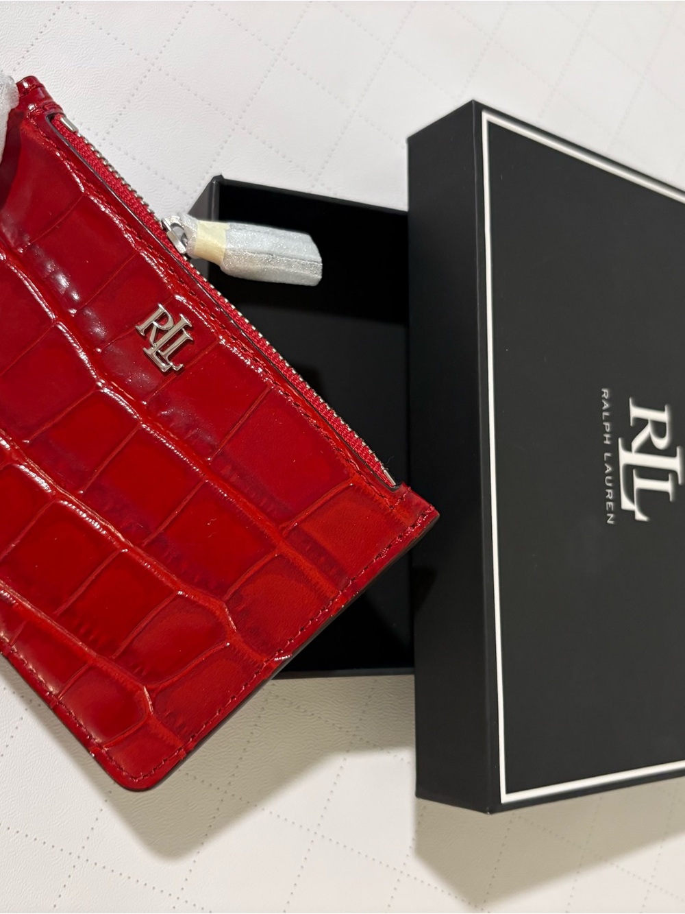 Ralph Lauren Red Croc-Embossed Leather Zip Card Pouch and Key Holder